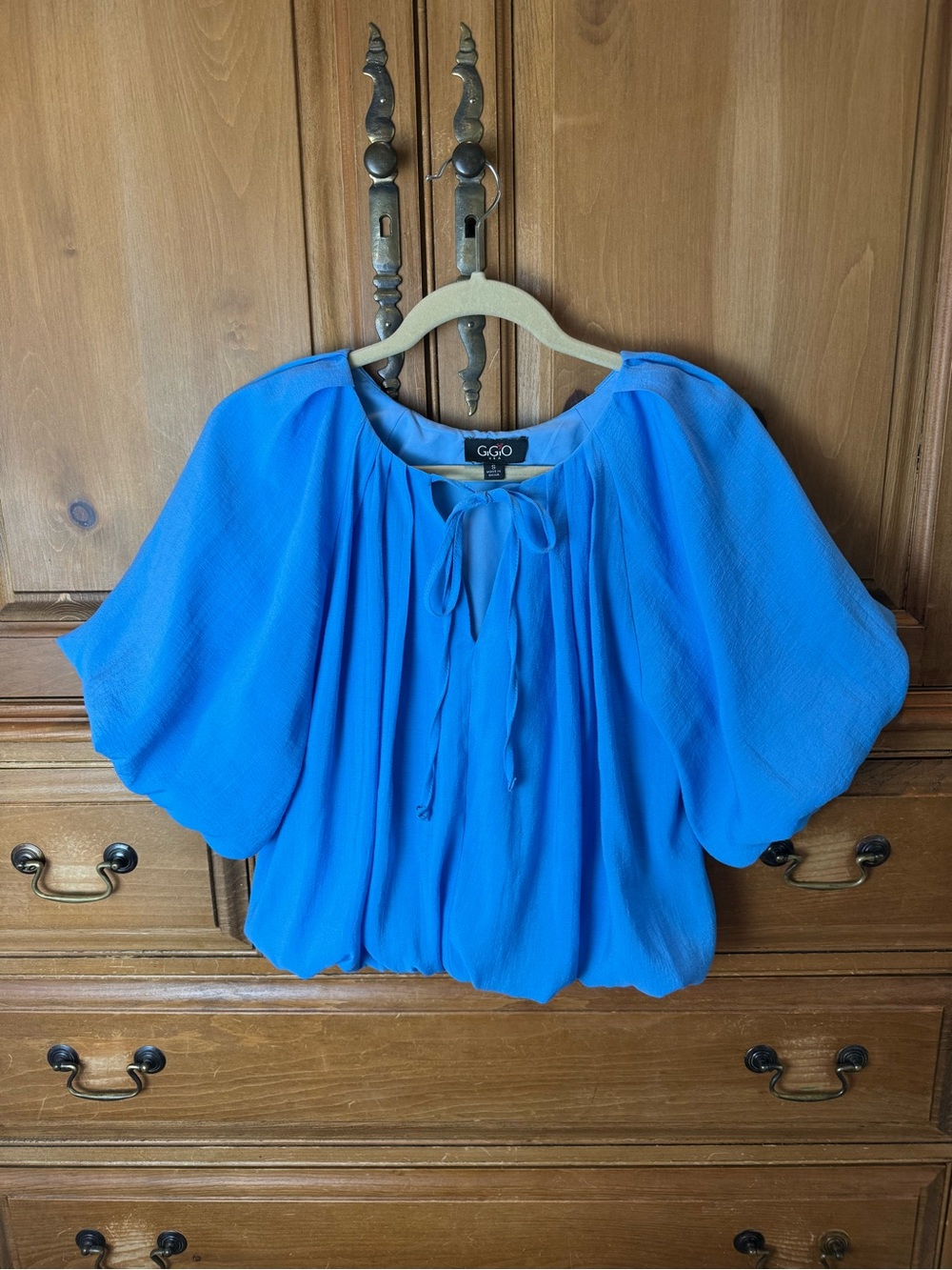 GiGio Bright Blue Peasant Blouse with Tie Neck